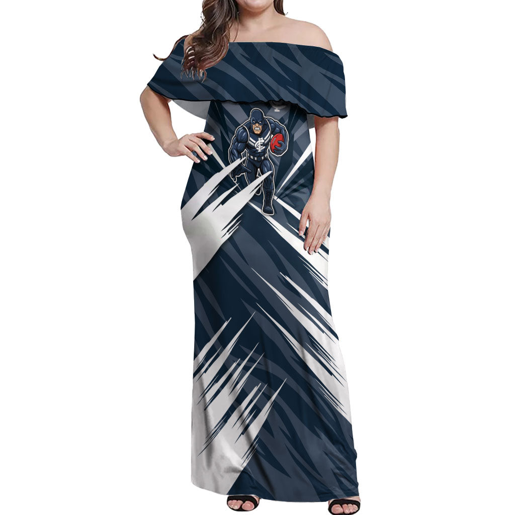 Carlton Blues Australian Football Off Shoulder Maxi Dress Powerful Superhero Mascot - Bold Team Colors