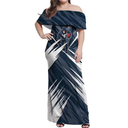 Carlton Blues Australian Football Off Shoulder Maxi Dress Powerful Superhero Mascot - Bold Team Colors