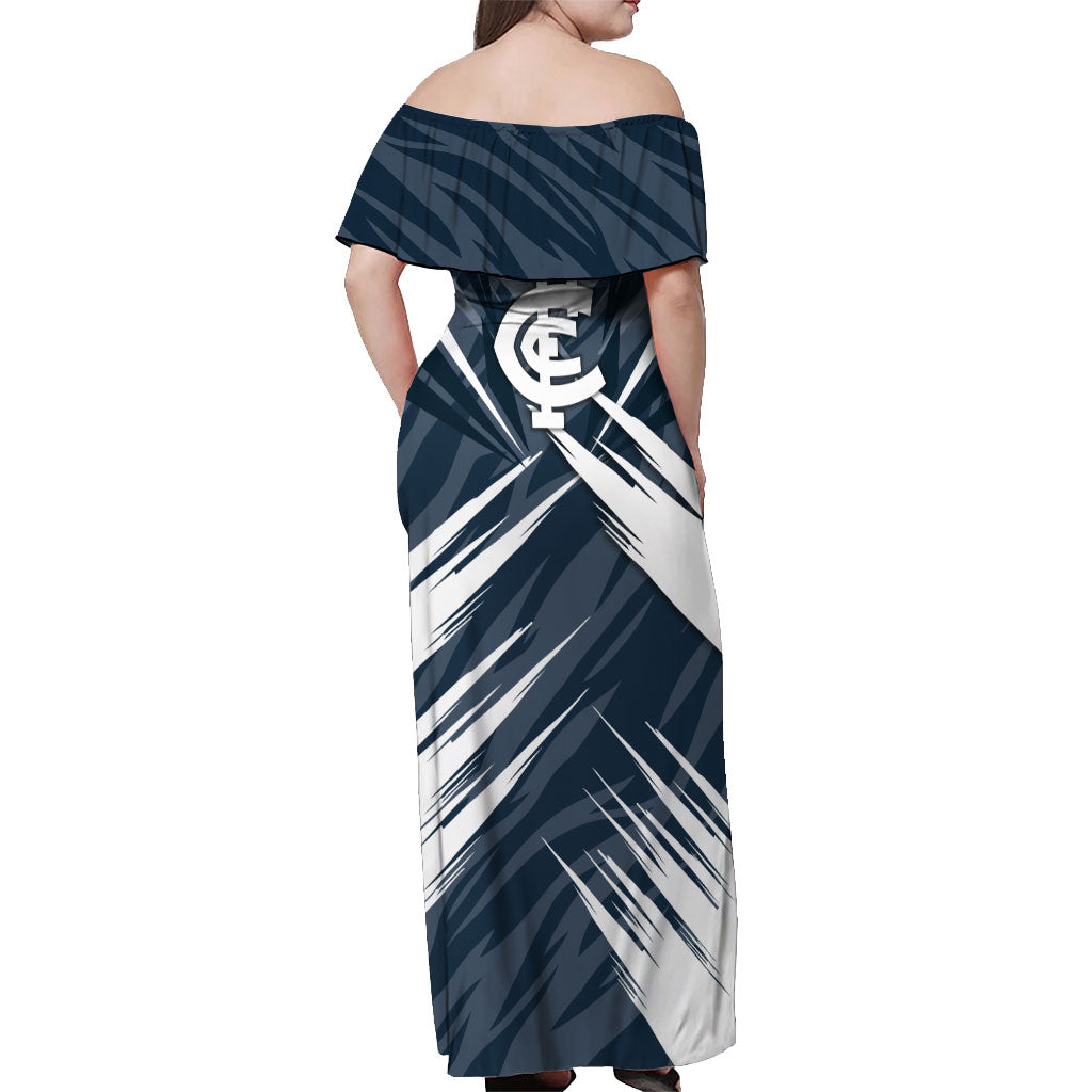 Carlton Blues Australian Football Off Shoulder Maxi Dress Powerful Superhero Mascot - Bold Team Colors