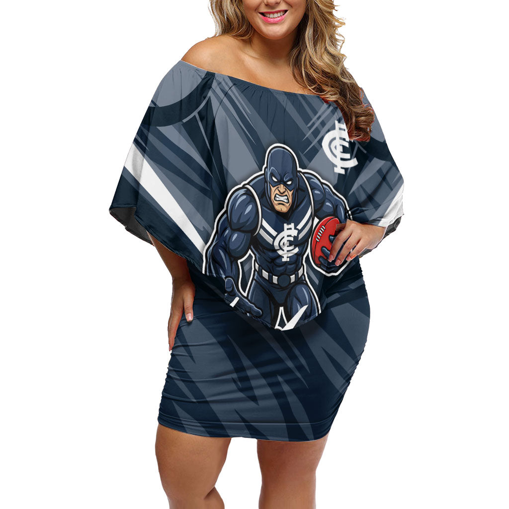 Carlton Blues Australian Football Off Shoulder Short Dress Powerful Superhero Mascot - Bold Team Colors