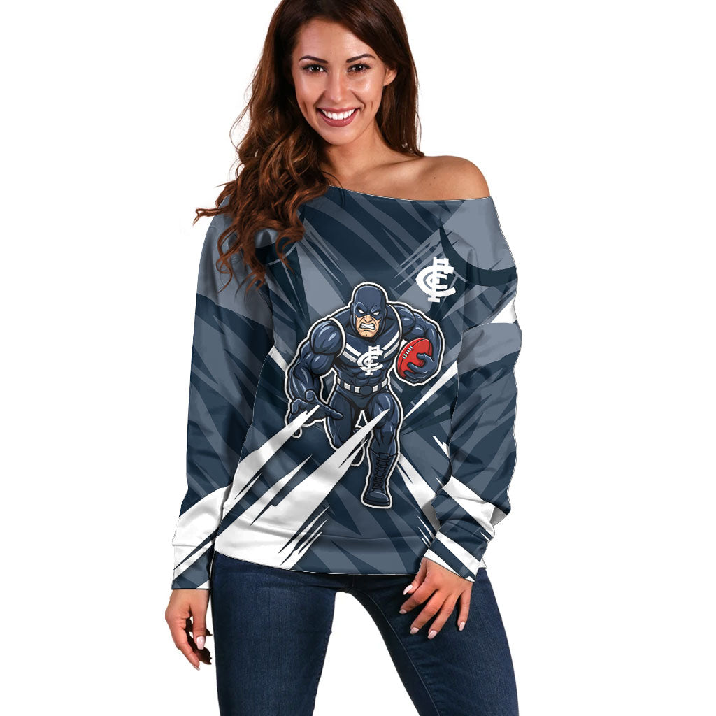 Carlton Blues Australian Football Off Shoulder Sweater Powerful Superhero Mascot - Bold Team Colors
