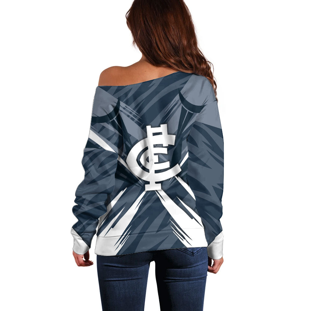 Carlton Blues Australian Football Off Shoulder Sweater Powerful Superhero Mascot - Bold Team Colors