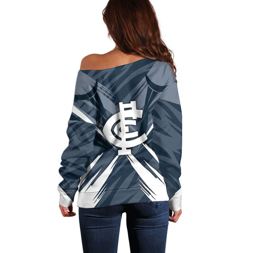 Carlton Blues Australian Football Off Shoulder Sweater Powerful Superhero Mascot - Bold Team Colors