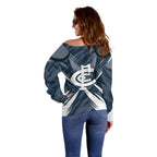 Carlton Blues Australian Football Off Shoulder Sweater Powerful Superhero Mascot - Bold Team Colors