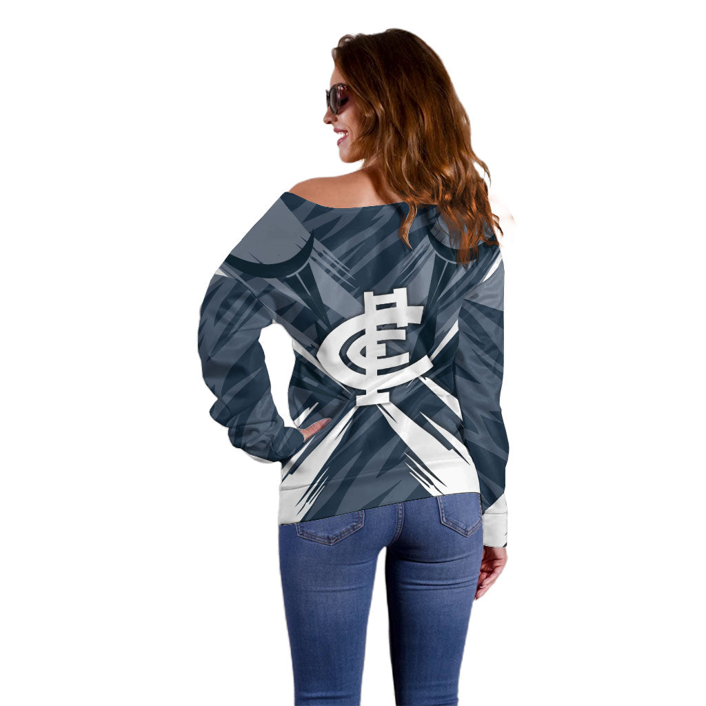 Carlton Blues Australian Football Off Shoulder Sweater Powerful Superhero Mascot - Bold Team Colors