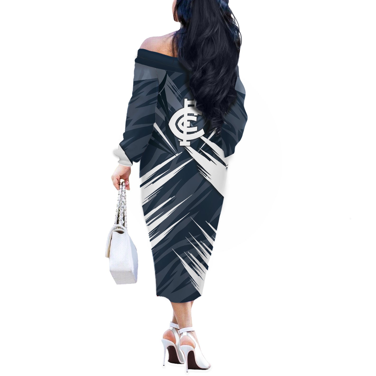 Carlton Blues Australian Football Off The Shoulder Long Sleeve Dress Powerful Superhero Mascot - Bold Team Colors