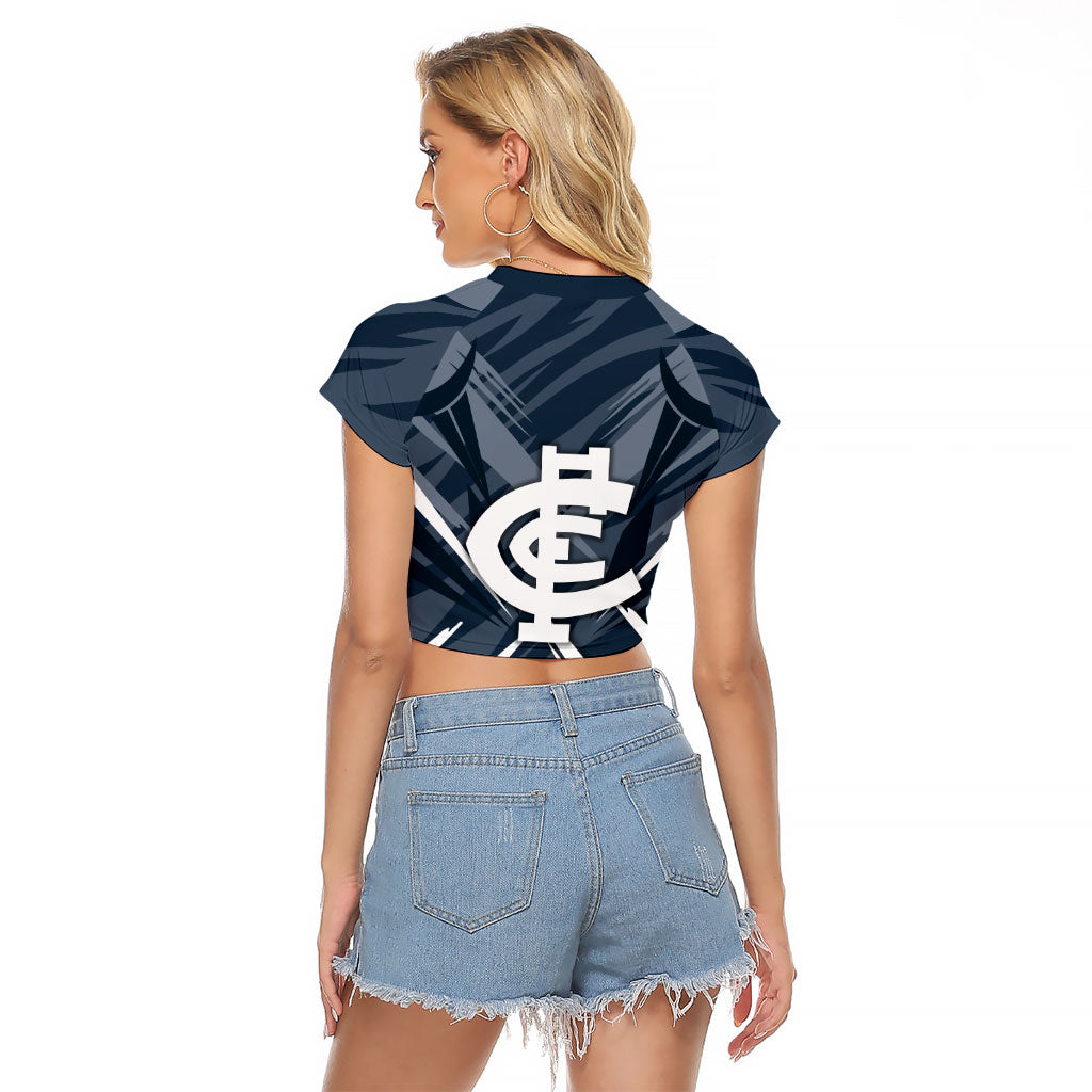 Carlton Blues Australian Football Raglan Cropped T Shirt Powerful Superhero Mascot - Bold Team Colors