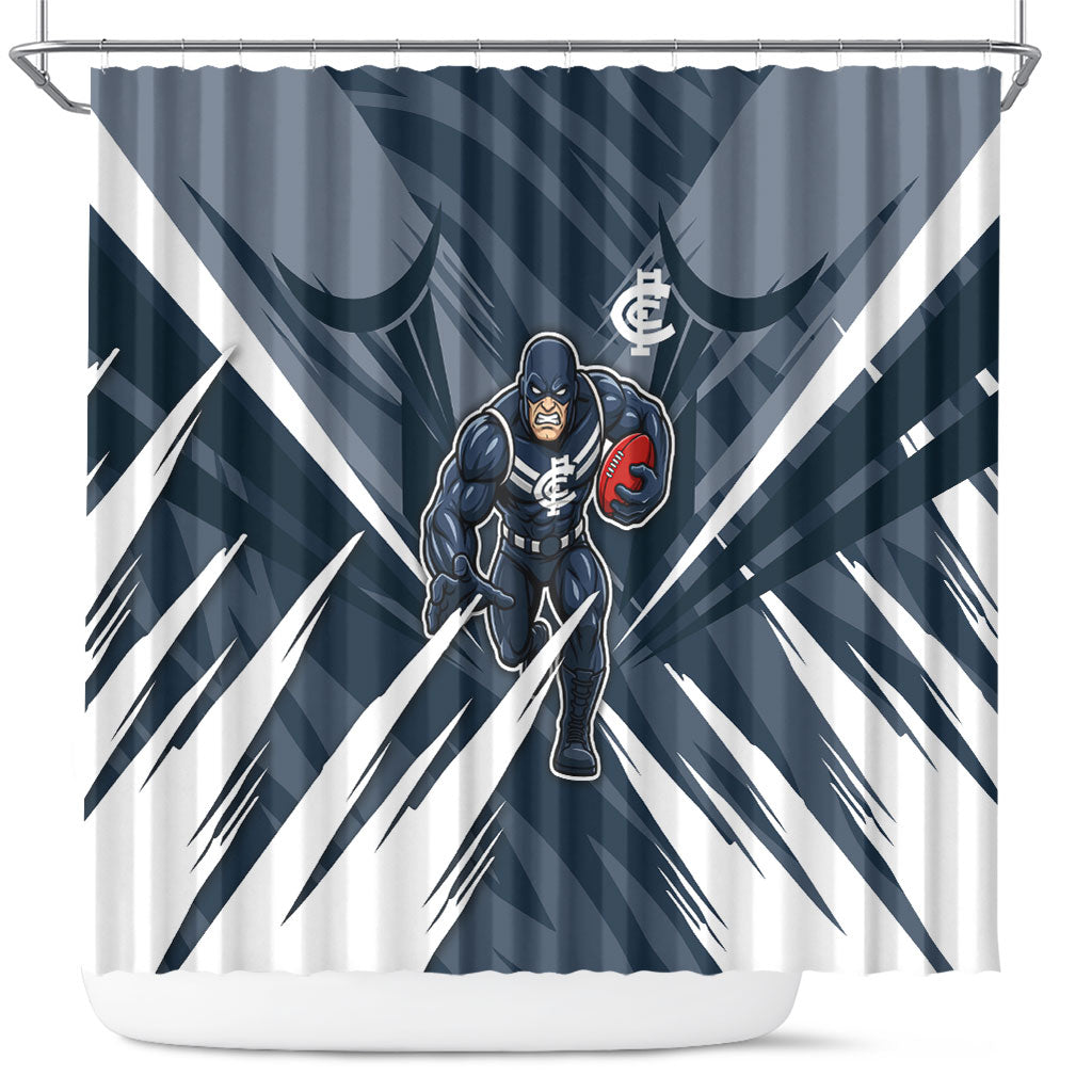 Carlton Blues Australian Football Shower Curtain Powerful Superhero Mascot - Bold Team Colors