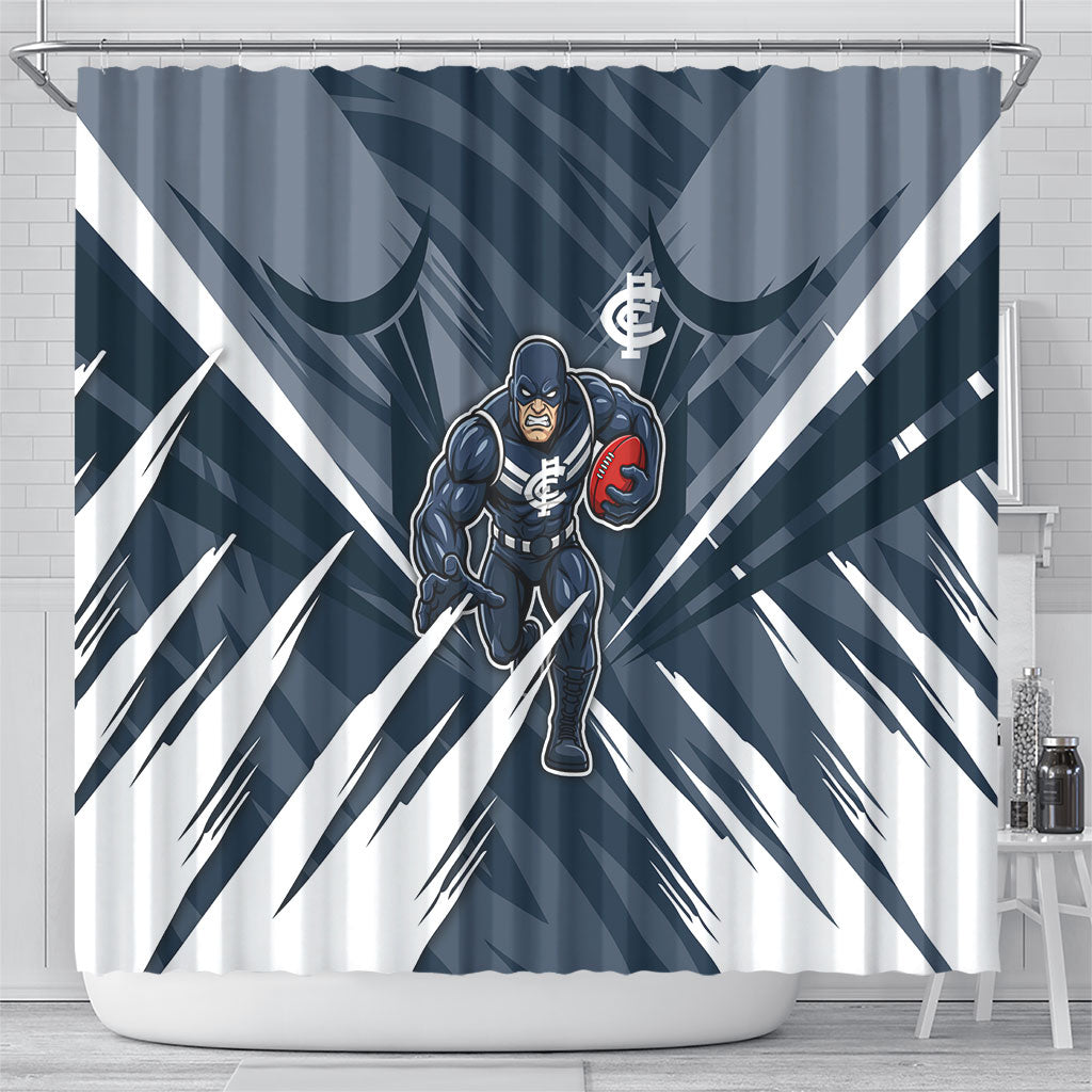 Carlton Blues Australian Football Shower Curtain Powerful Superhero Mascot - Bold Team Colors