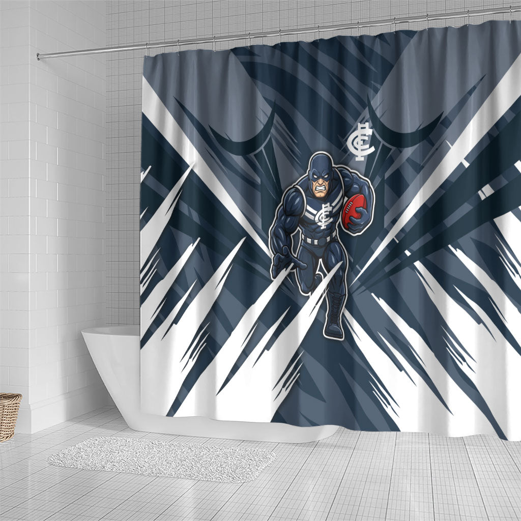 Carlton Blues Australian Football Shower Curtain Powerful Superhero Mascot - Bold Team Colors
