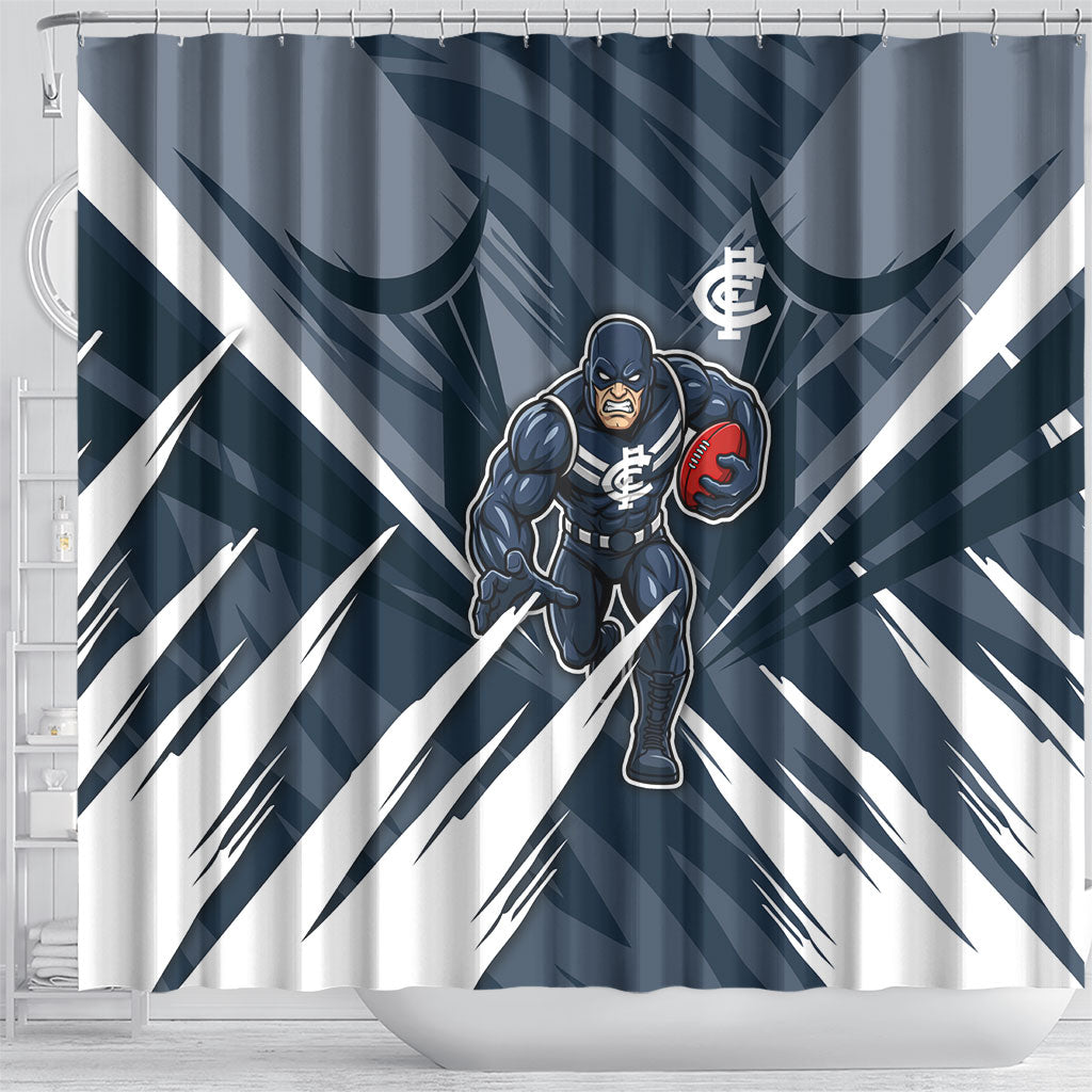 Carlton Blues Australian Football Shower Curtain Powerful Superhero Mascot - Bold Team Colors