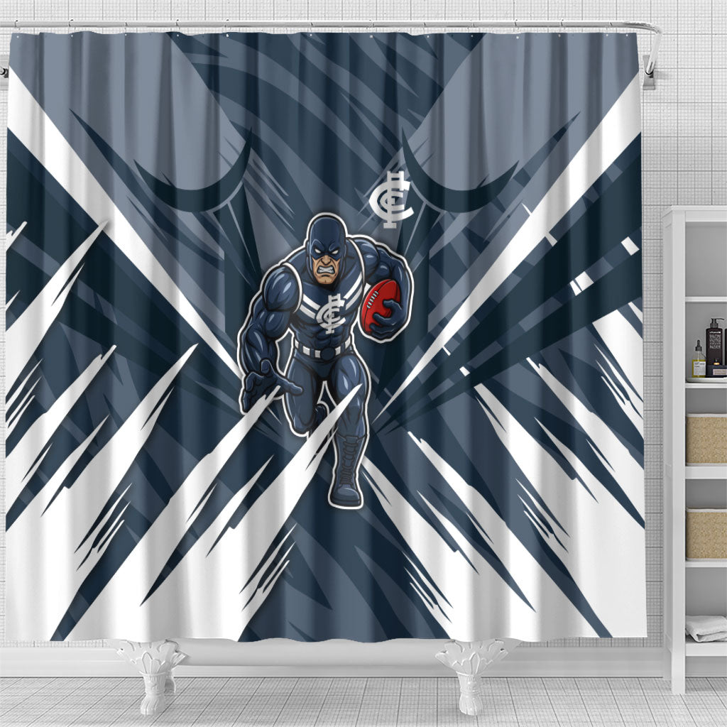 Carlton Blues Australian Football Shower Curtain Powerful Superhero Mascot - Bold Team Colors