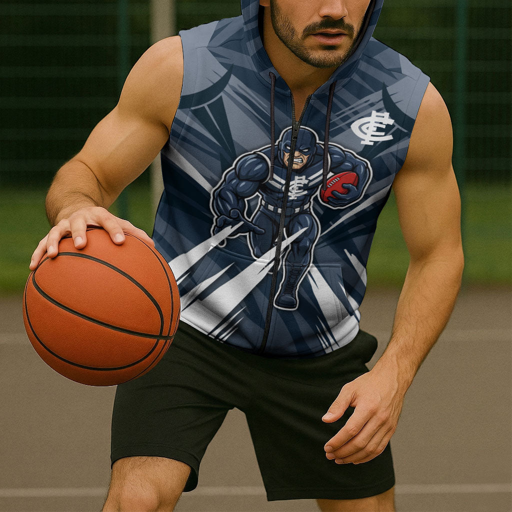 Carlton Blues Australian Football Sleeveless Zip Hoodie Powerful Superhero Mascot - Bold Team Colors