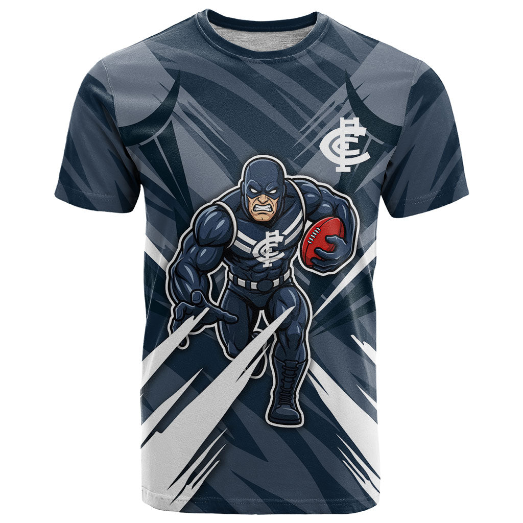 Carlton Blues Australian Football T Shirt Powerful Superhero Mascot - Bold Team Colors