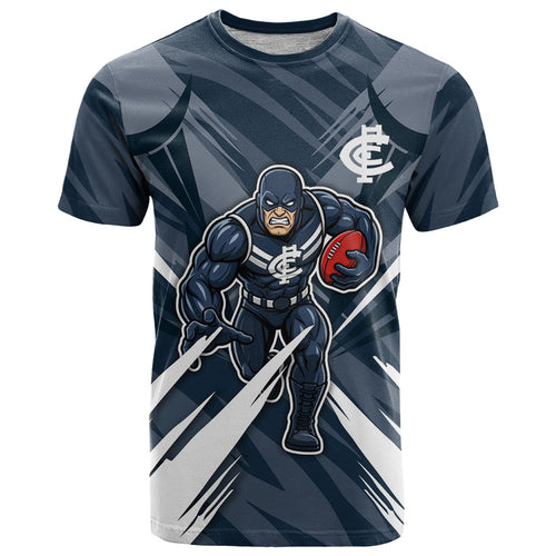 Carlton Blues Australian Football T Shirt Powerful Superhero Mascot - Bold Team Colors