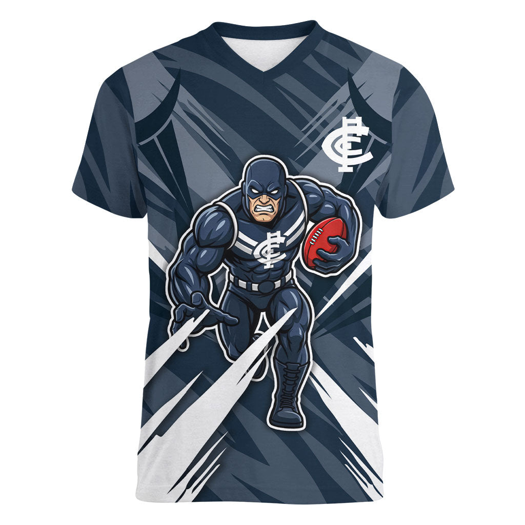 Carlton Blues Australian Football Women V-Neck T-Shirt Powerful Superhero Mascot - Bold Team Colors