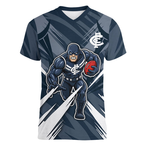 Carlton Blues Australian Football Women V-Neck T-Shirt Powerful Superhero Mascot - Bold Team Colors