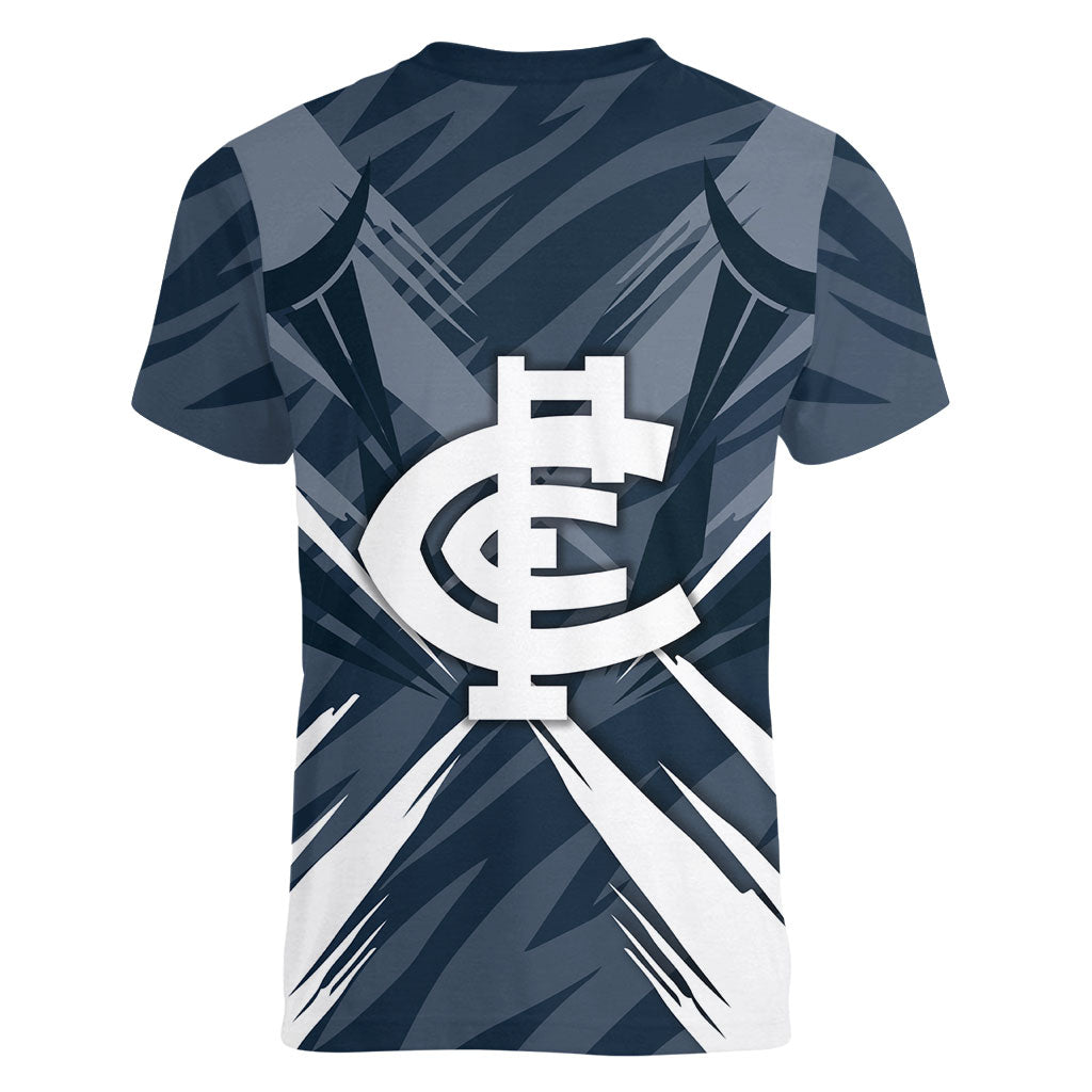 Carlton Blues Australian Football Women V-Neck T-Shirt Powerful Superhero Mascot - Bold Team Colors