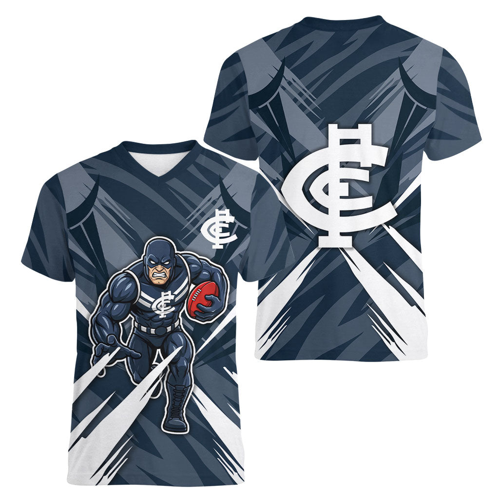 Carlton Blues Australian Football Women V-Neck T-Shirt Powerful Superhero Mascot - Bold Team Colors