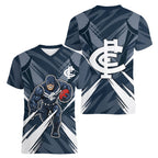 Carlton Blues Australian Football Women V-Neck T-Shirt Powerful Superhero Mascot - Bold Team Colors