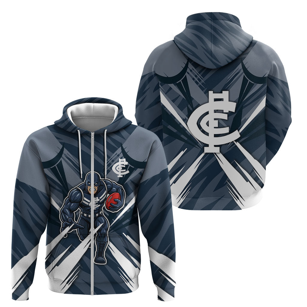 Carlton Blues Australian Football Zip Hoodie Powerful Superhero Mascot - Bold Team Colors