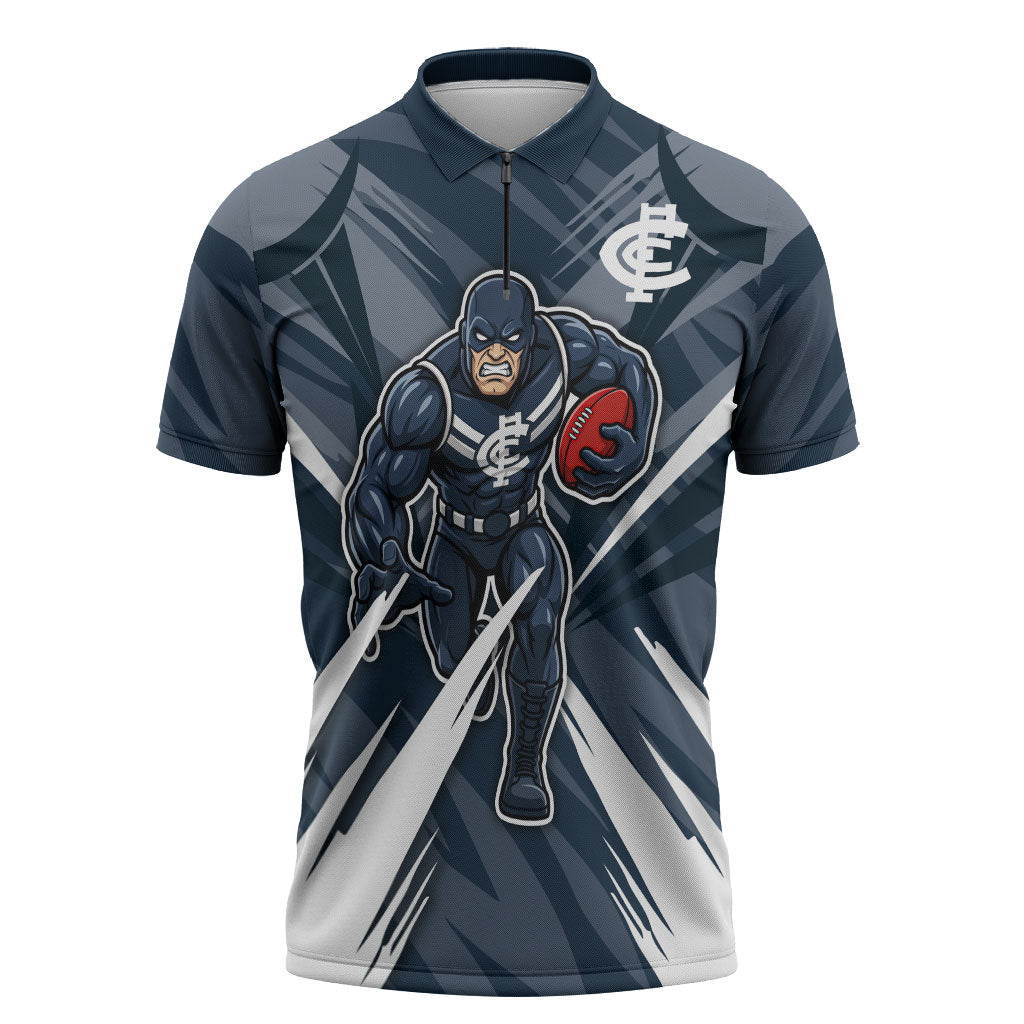 Carlton Blues Australian Football Zipper Polo Shirt Powerful Superhero Mascot - Bold Team Colors