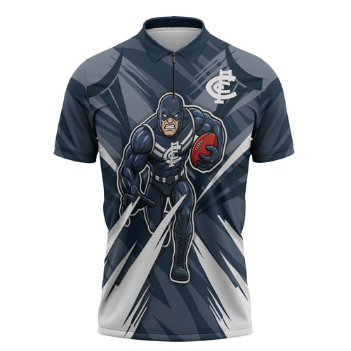 Carlton Blues Australian Football Zipper Polo Shirt Powerful Superhero Mascot - Bold Team Colors