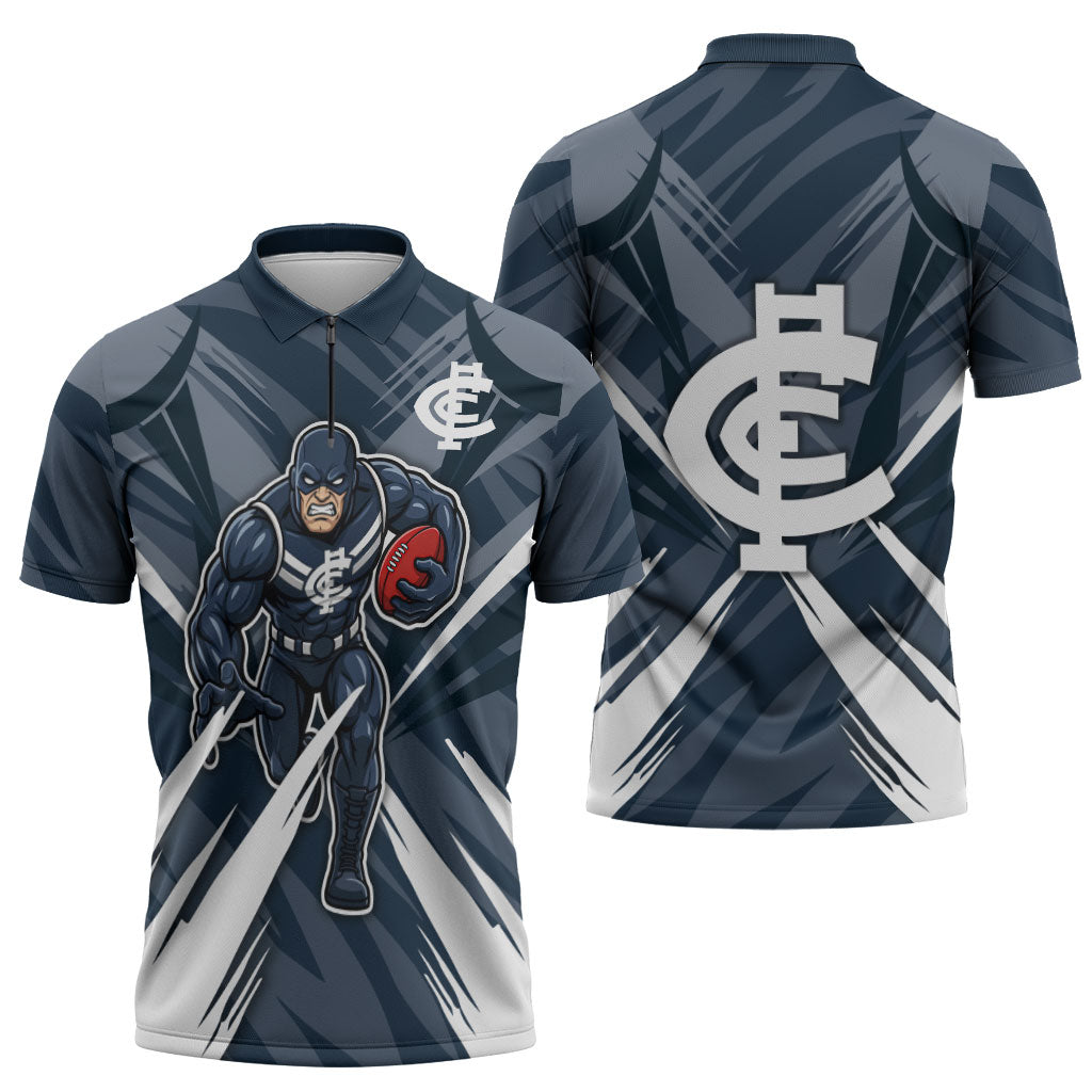 Carlton Blues Australian Football Zipper Polo Shirt Powerful Superhero Mascot - Bold Team Colors