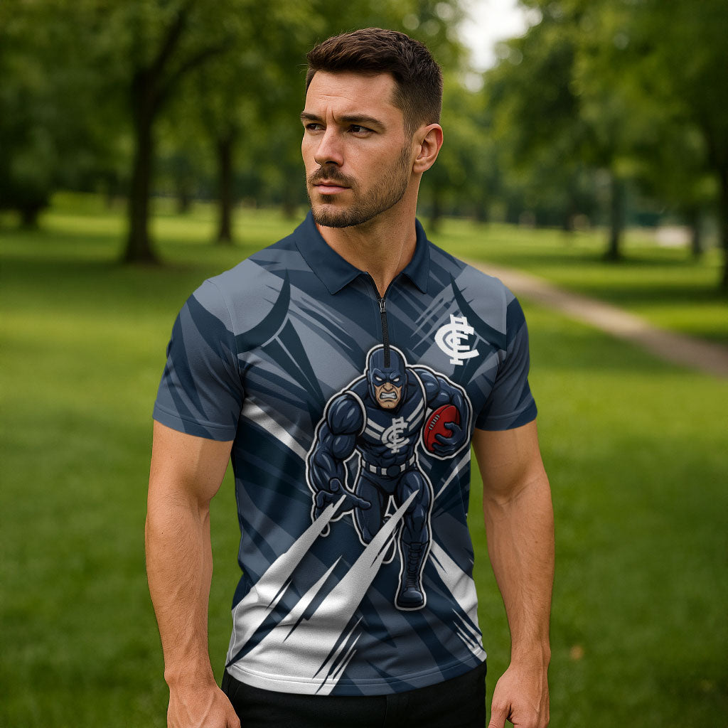 Carlton Blues Australian Football Zipper Polo Shirt Powerful Superhero Mascot - Bold Team Colors