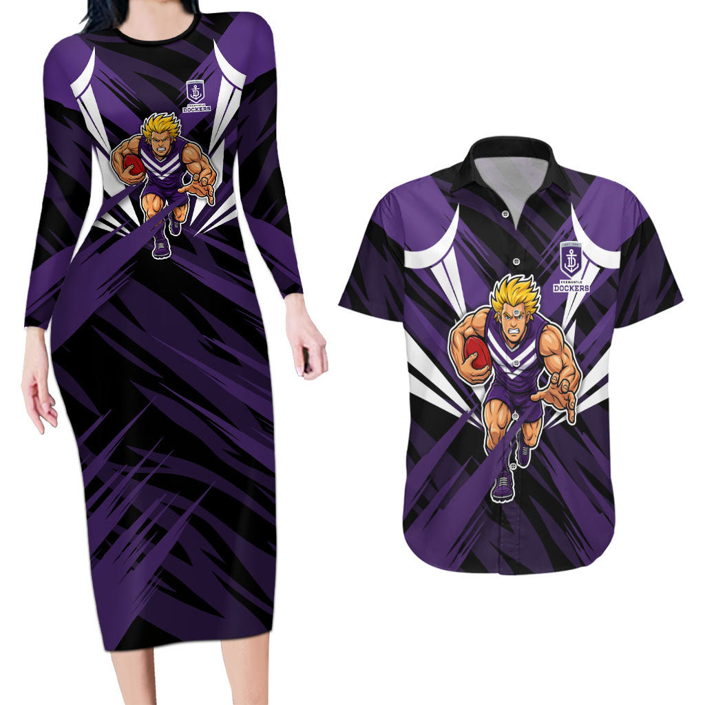 Fremantle Dockers Australian Football Couples Matching Long Sleeve Bodycon Dress and Hawaiian Shirt Athletic Hero Mascot - Bold Team Colors