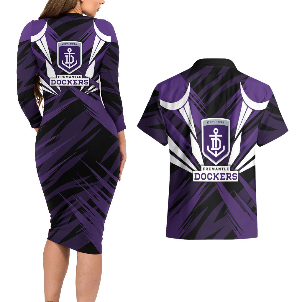 Fremantle Dockers Australian Football Couples Matching Long Sleeve Bodycon Dress and Hawaiian Shirt Athletic Hero Mascot - Bold Team Colors
