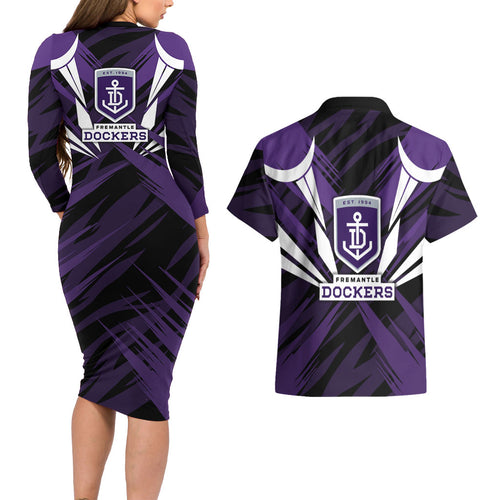 Fremantle Dockers Australian Football Couples Matching Long Sleeve Bodycon Dress and Hawaiian Shirt Athletic Hero Mascot - Bold Team Colors