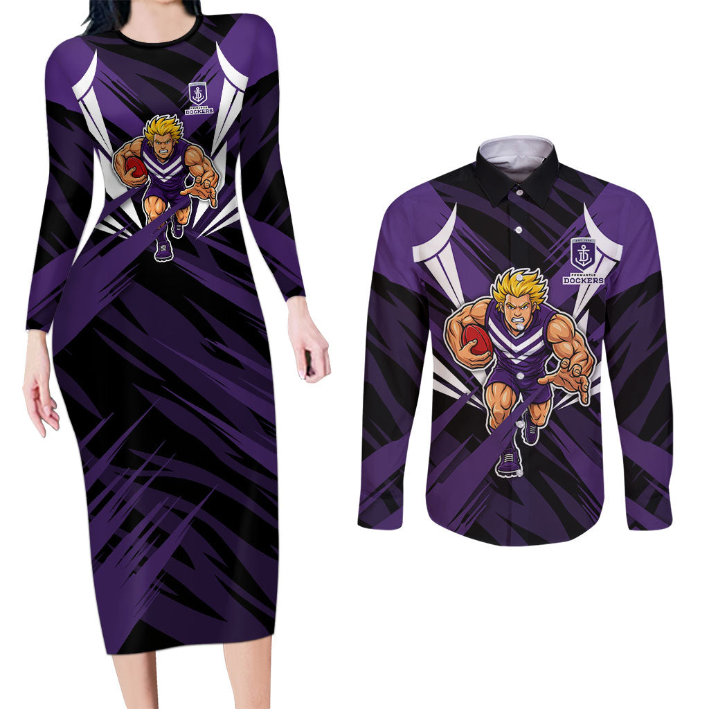 Fremantle Dockers Australian Football Couples Matching Long Sleeve Bodycon Dress and Long Sleeve Button Shirt Athletic Hero Mascot - Bold Team Colors