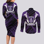 Fremantle Dockers Australian Football Couples Matching Long Sleeve Bodycon Dress and Long Sleeve Button Shirt Athletic Hero Mascot - Bold Team Colors