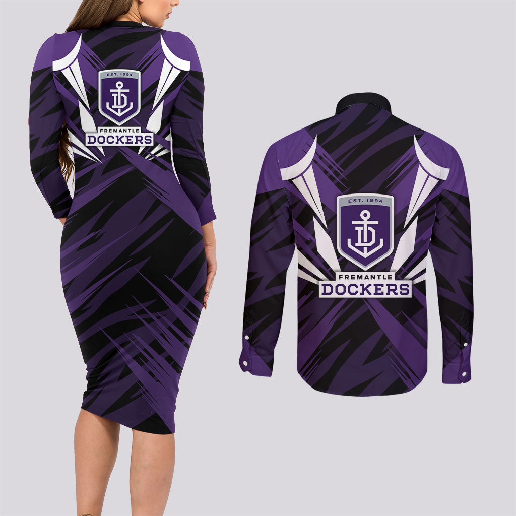 Fremantle Dockers Australian Football Couples Matching Long Sleeve Bodycon Dress and Long Sleeve Button Shirt Athletic Hero Mascot - Bold Team Colors