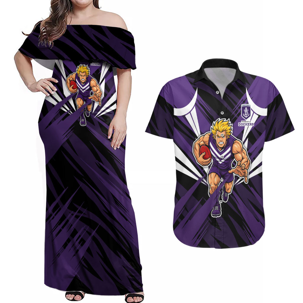 Fremantle Dockers Australian Football Couples Matching Off Shoulder Maxi Dress and Hawaiian Shirt Athletic Hero Mascot - Bold Team Colors