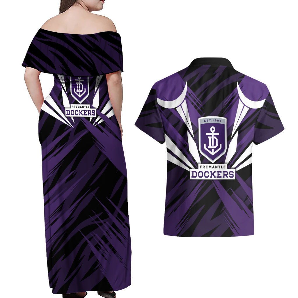 Fremantle Dockers Australian Football Couples Matching Off Shoulder Maxi Dress and Hawaiian Shirt Athletic Hero Mascot - Bold Team Colors