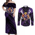Fremantle Dockers Australian Football Couples Matching Off Shoulder Maxi Dress and Long Sleeve Button Shirt Athletic Hero Mascot - Bold Team Colors