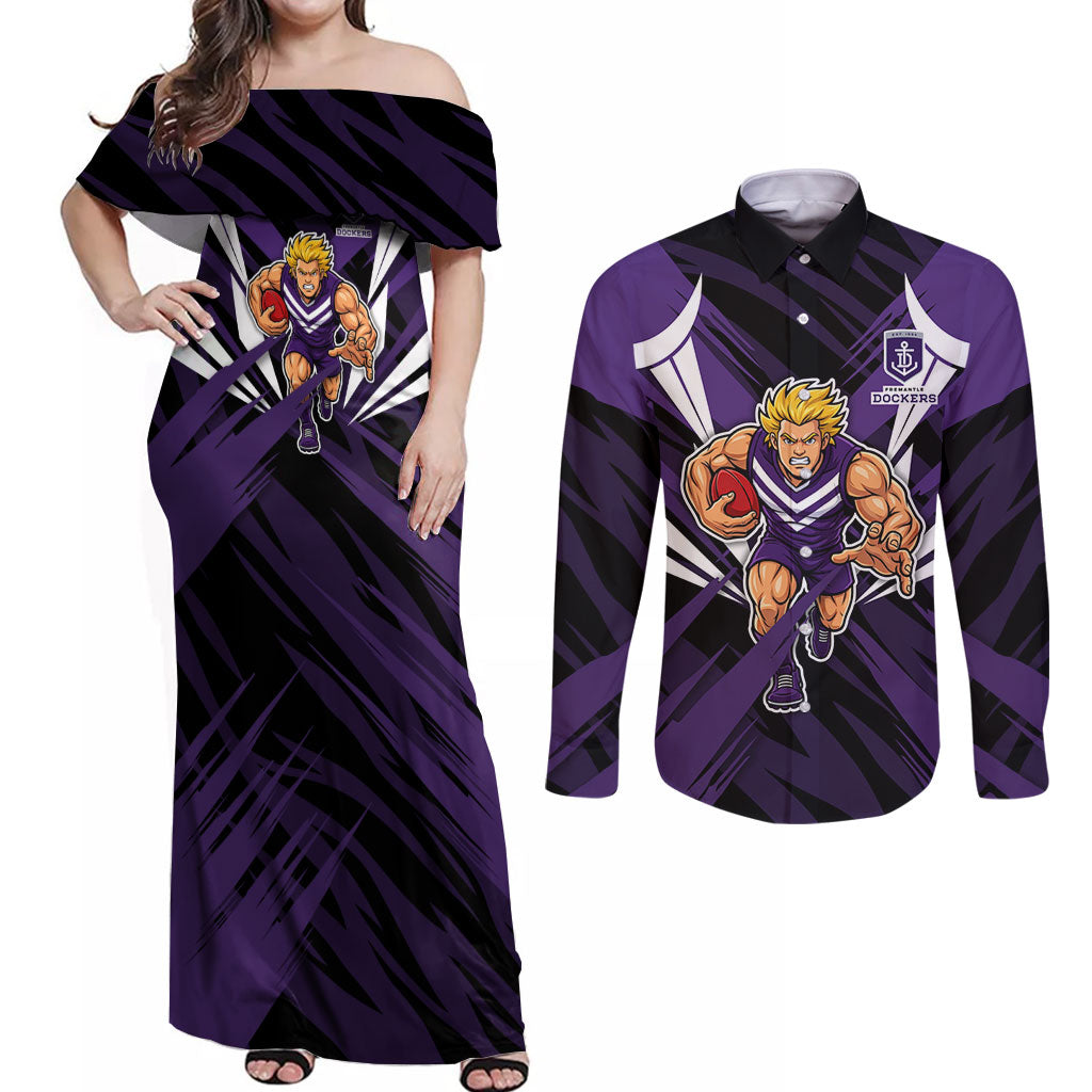 Fremantle Dockers Australian Football Couples Matching Off Shoulder Maxi Dress and Long Sleeve Button Shirt Athletic Hero Mascot - Bold Team Colors