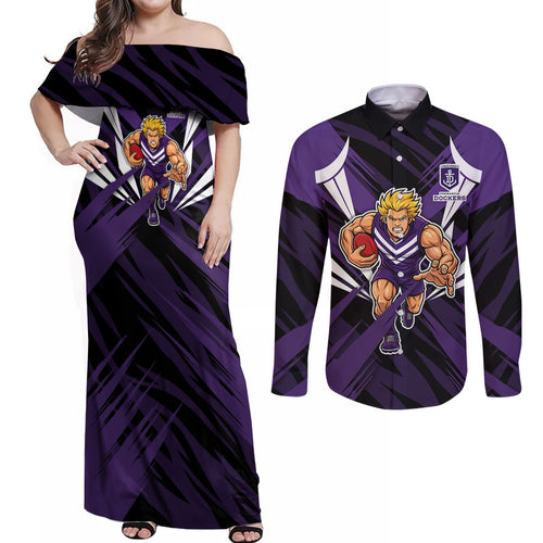 Fremantle Dockers Australian Football Couples Matching Off Shoulder Maxi Dress and Long Sleeve Button Shirt Athletic Hero Mascot - Bold Team Colors