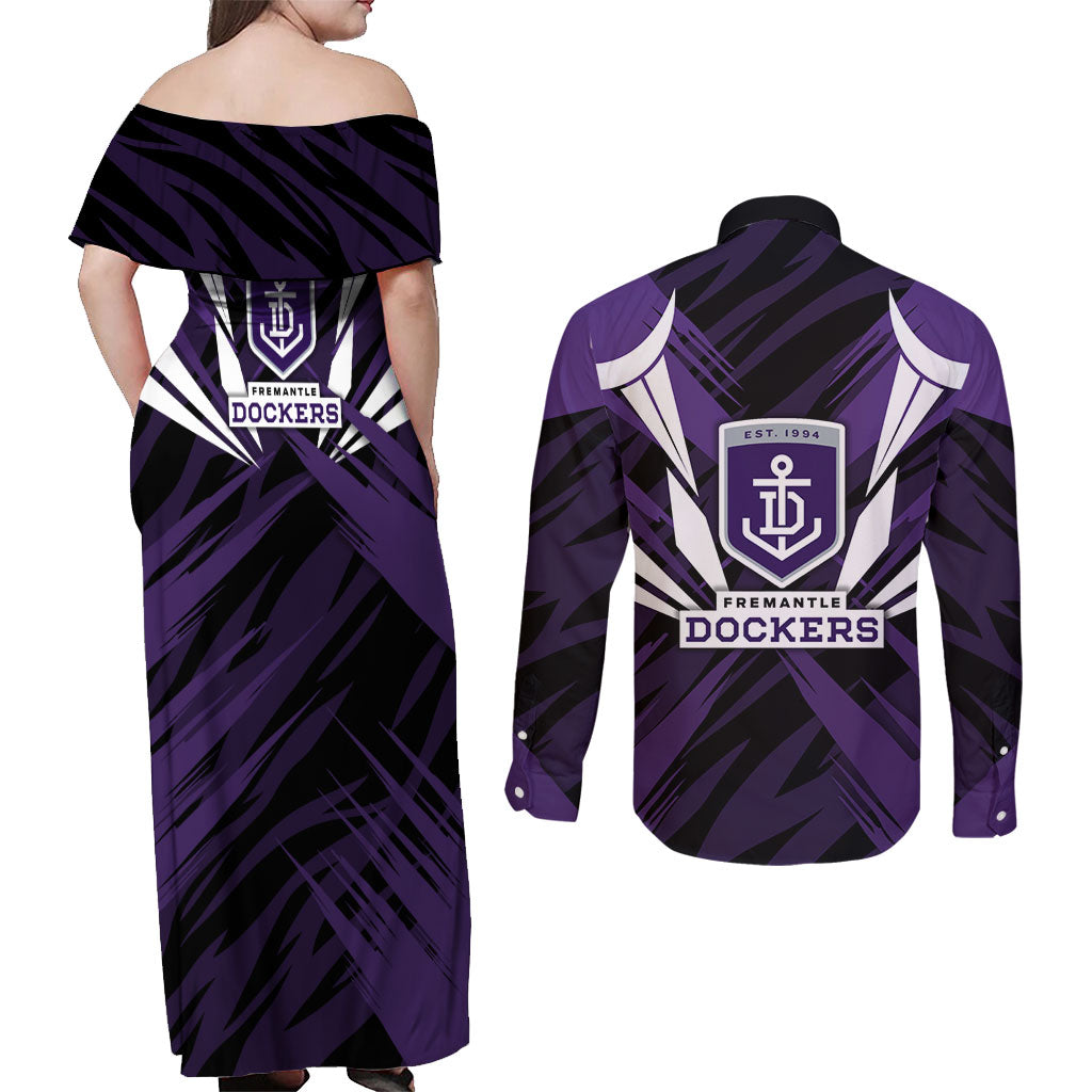 Fremantle Dockers Australian Football Couples Matching Off Shoulder Maxi Dress and Long Sleeve Button Shirt Athletic Hero Mascot - Bold Team Colors