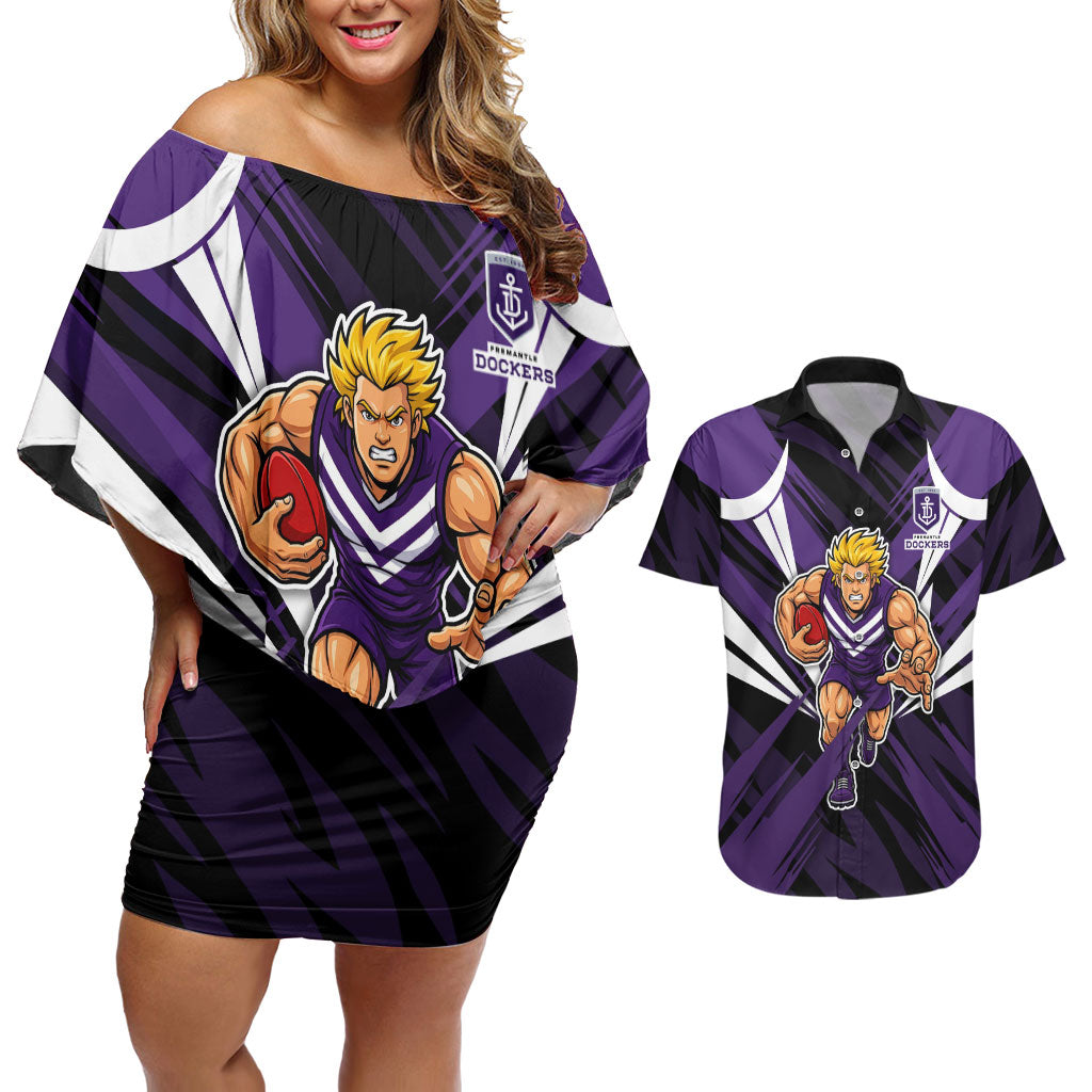 Fremantle Dockers Australian Football Couples Matching Off Shoulder Short Dress and Hawaiian Shirt Athletic Hero Mascot - Bold Team Colors