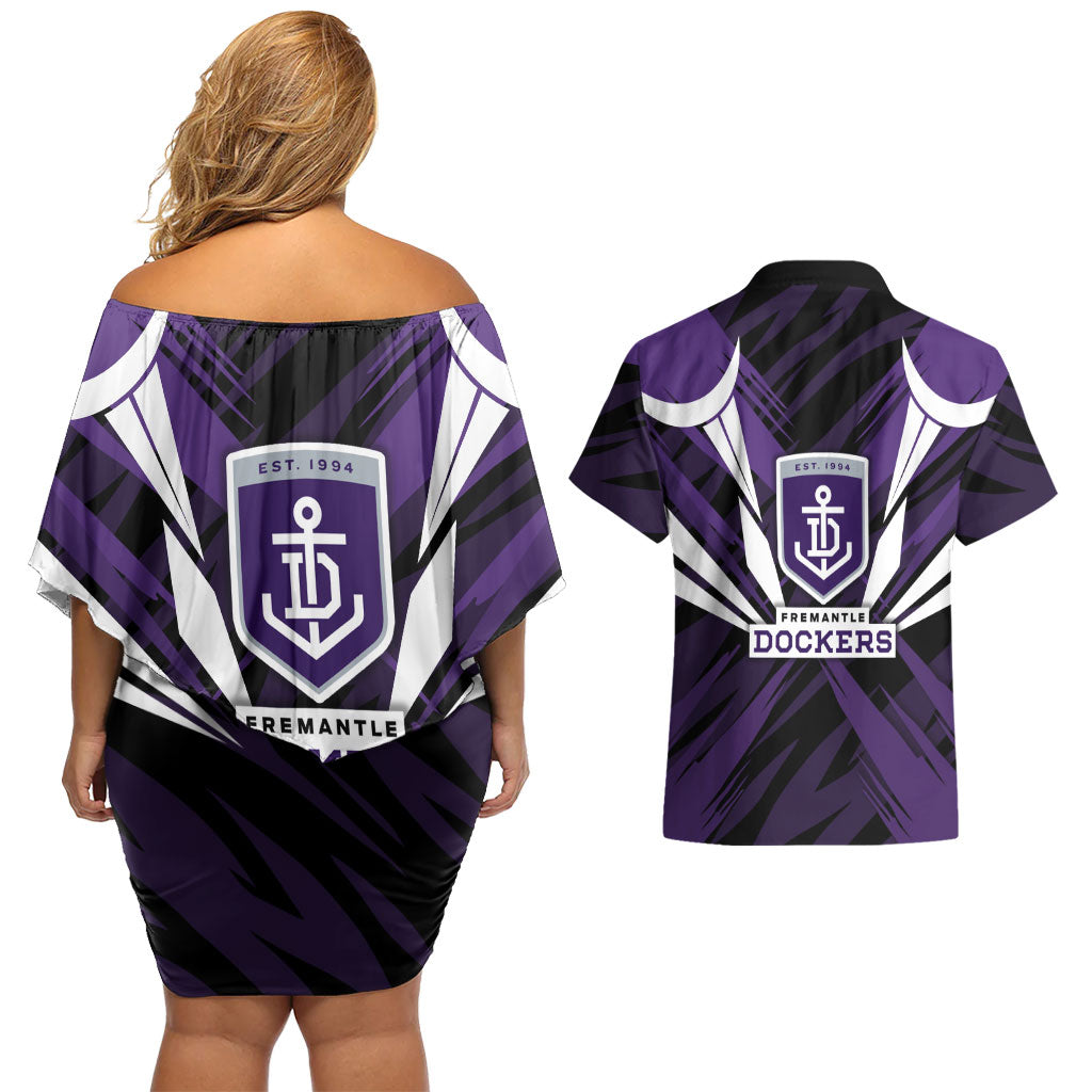Fremantle Dockers Australian Football Couples Matching Off Shoulder Short Dress and Hawaiian Shirt Athletic Hero Mascot - Bold Team Colors
