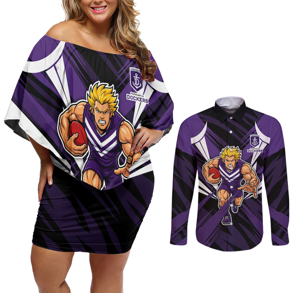 Fremantle Dockers Australian Football Couples Matching Off Shoulder Short Dress and Long Sleeve Button Shirt Athletic Hero Mascot - Bold Team Colors