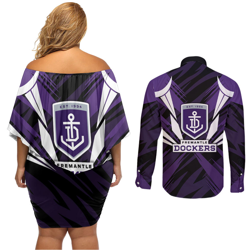 Fremantle Dockers Australian Football Couples Matching Off Shoulder Short Dress and Long Sleeve Button Shirt Athletic Hero Mascot - Bold Team Colors