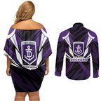 Fremantle Dockers Australian Football Couples Matching Off Shoulder Short Dress and Long Sleeve Button Shirt Athletic Hero Mascot - Bold Team Colors
