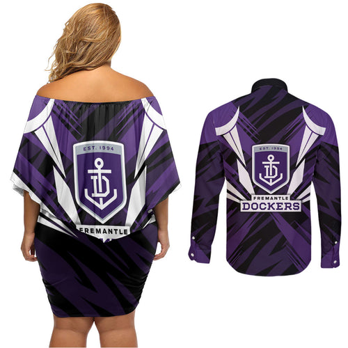 Fremantle Dockers Australian Football Couples Matching Off Shoulder Short Dress and Long Sleeve Button Shirt Athletic Hero Mascot - Bold Team Colors