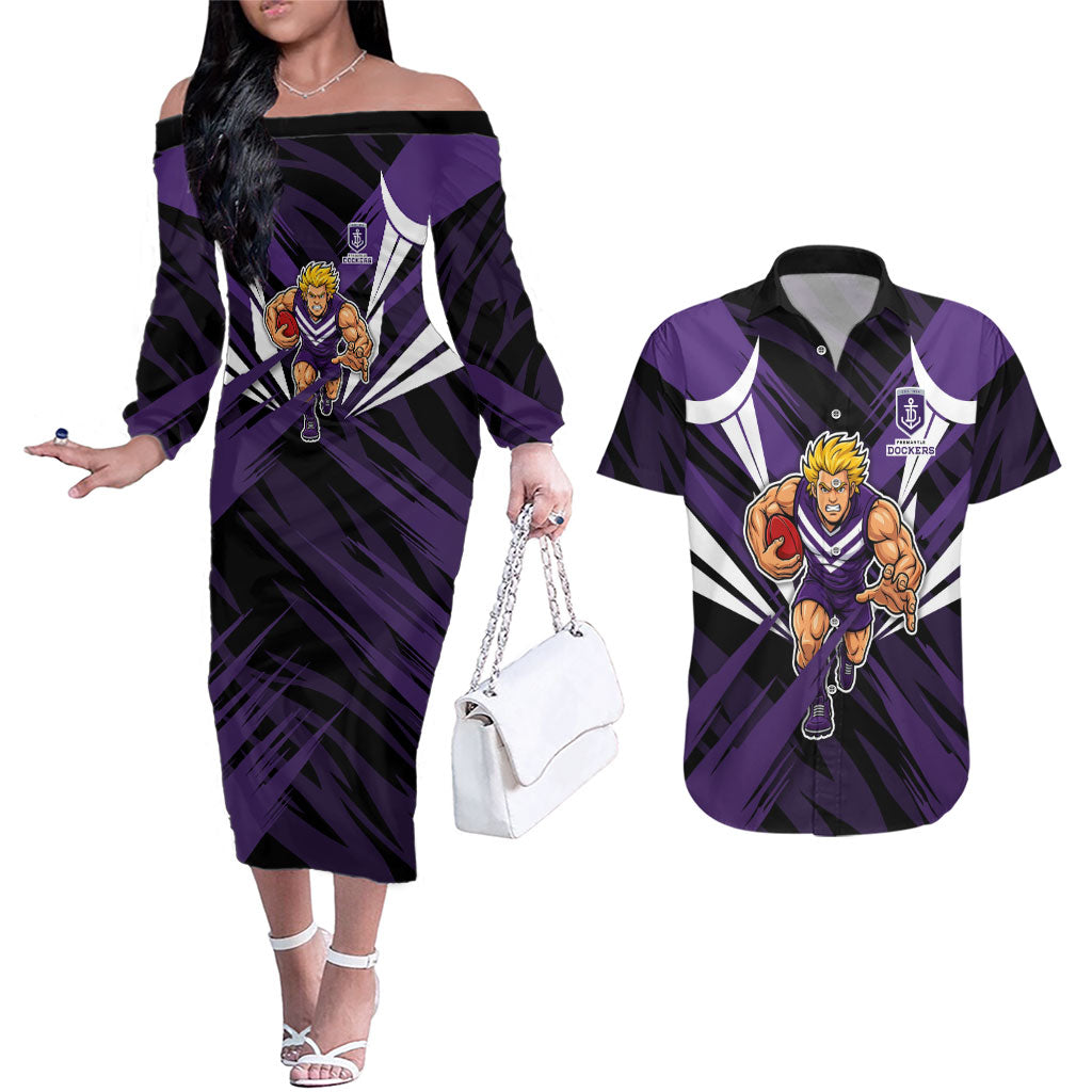 Fremantle Dockers Australian Football Couples Matching Off The Shoulder Long Sleeve Dress and Hawaiian Shirt Athletic Hero Mascot - Bold Team Colors