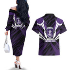 Fremantle Dockers Australian Football Couples Matching Off The Shoulder Long Sleeve Dress and Hawaiian Shirt Athletic Hero Mascot - Bold Team Colors