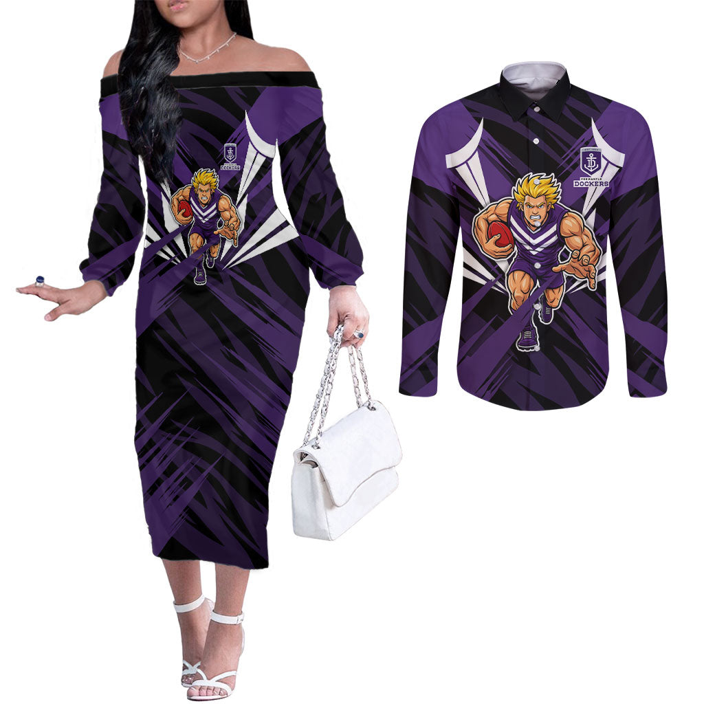 Fremantle Dockers Australian Football Couples Matching Off The Shoulder Long Sleeve Dress and Long Sleeve Button Shirt Athletic Hero Mascot - Bold Team Colors